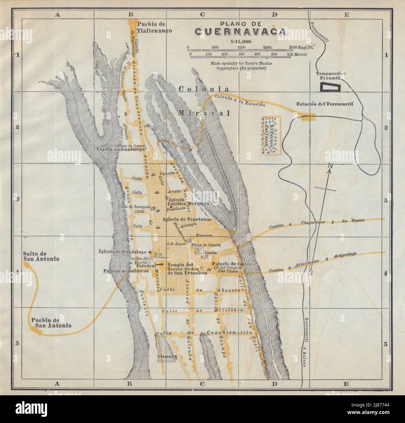Plano de CUERNAVACA, Mexico. Mapa de la ciudad. City/town plan 1938 old Stock Photo