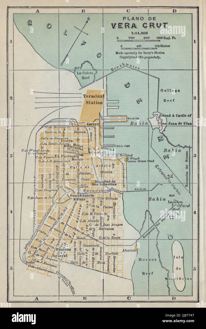 Plano de VERACRUZ, Mexico. Mapa de la ciudad. City/town plan 1938 old Stock Photo