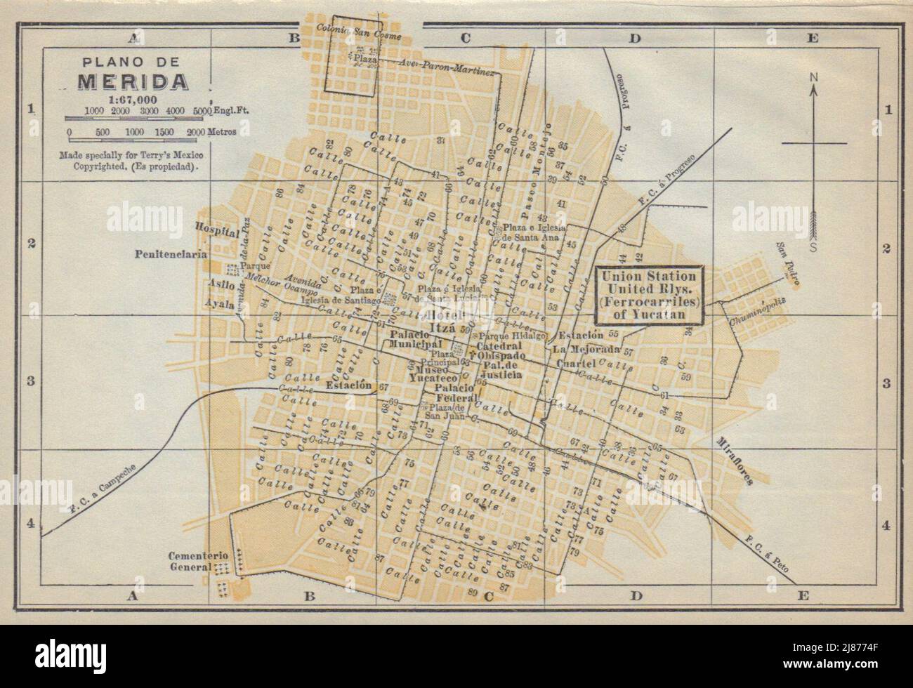 Plano de MERIDA, Mexico. Mapa de la ciudad. City/town plan 1938 old Stock Photo