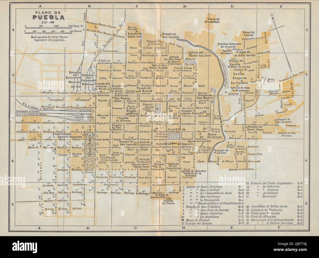 Plano de PUEBLA, Mexico. Mapa de la ciudad. City/town plan 1938 old Stock Photo