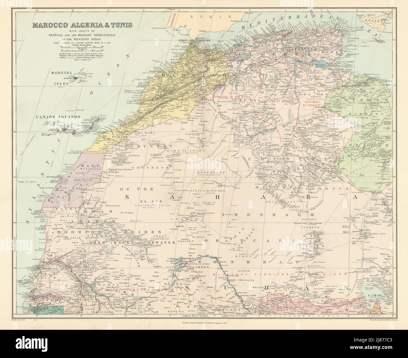 Northwest Africa. Morocco Sahara Rio do Oro Ain Sefra Gardaia. STANFORD 1904 map Stock Photo