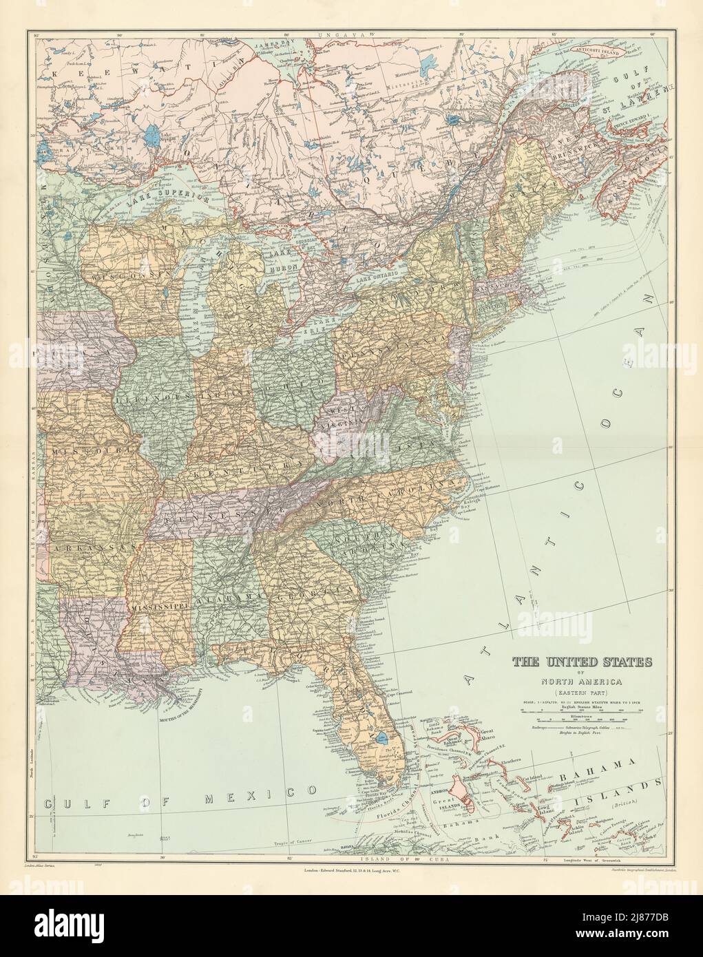 The United States of North America, Eastern part. USA. 69x54cm STANFORD 1904 map Stock Photo