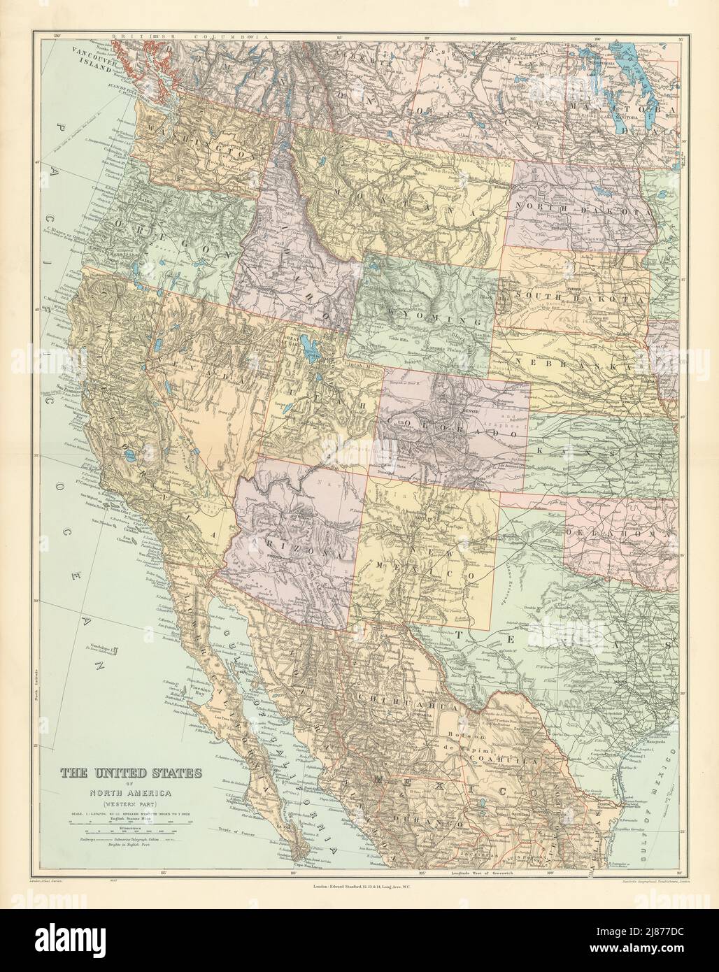 The United States of North America, Western part. USA. 69x54cm STANFORD 1904 map Stock Photo