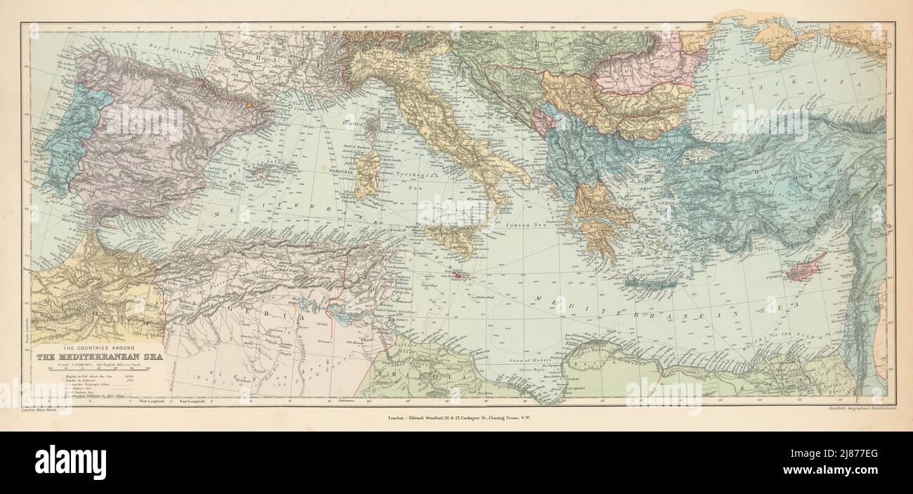Countries round the Mediterranean. Soundings Telegraph cables. STANFORD 1894 map Stock Photo
