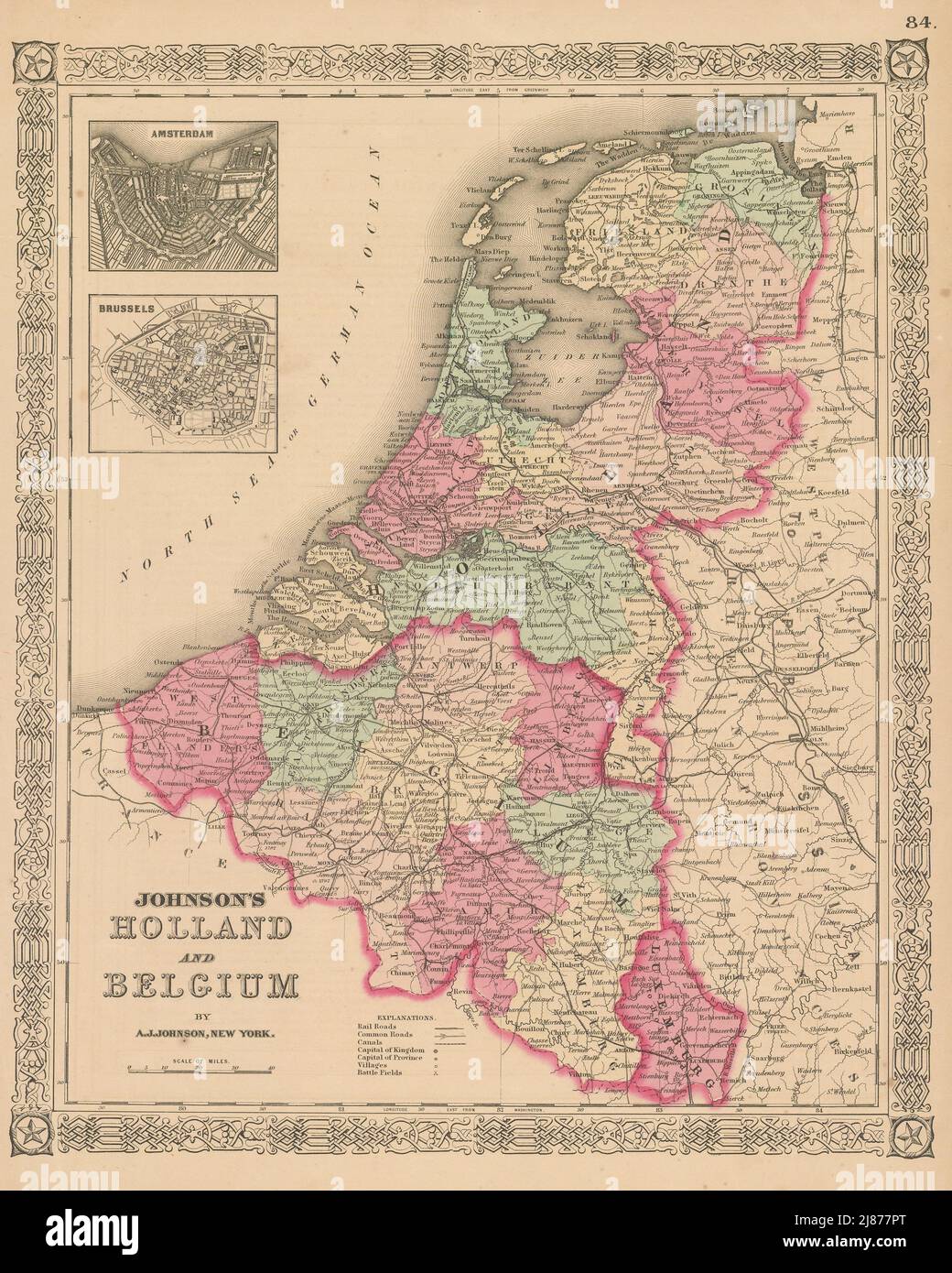 Johnson's Holland and Belgium. Benelux. Amsterdam & Brussels 1867 old map Stock Photo