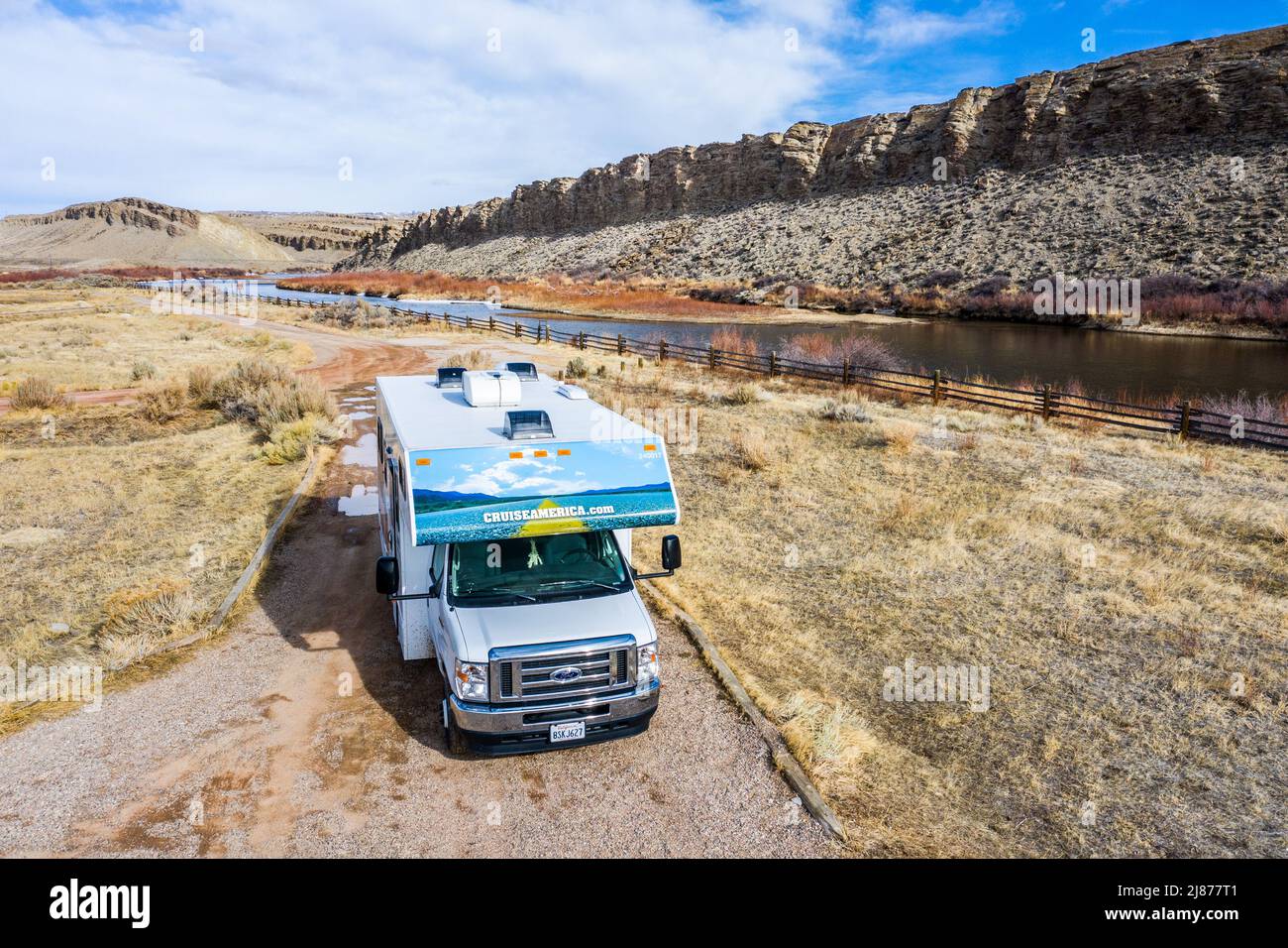 RV at Dugway BLM Campground, North Platte River, Sinclair, Wyoming, USA Stock Photo