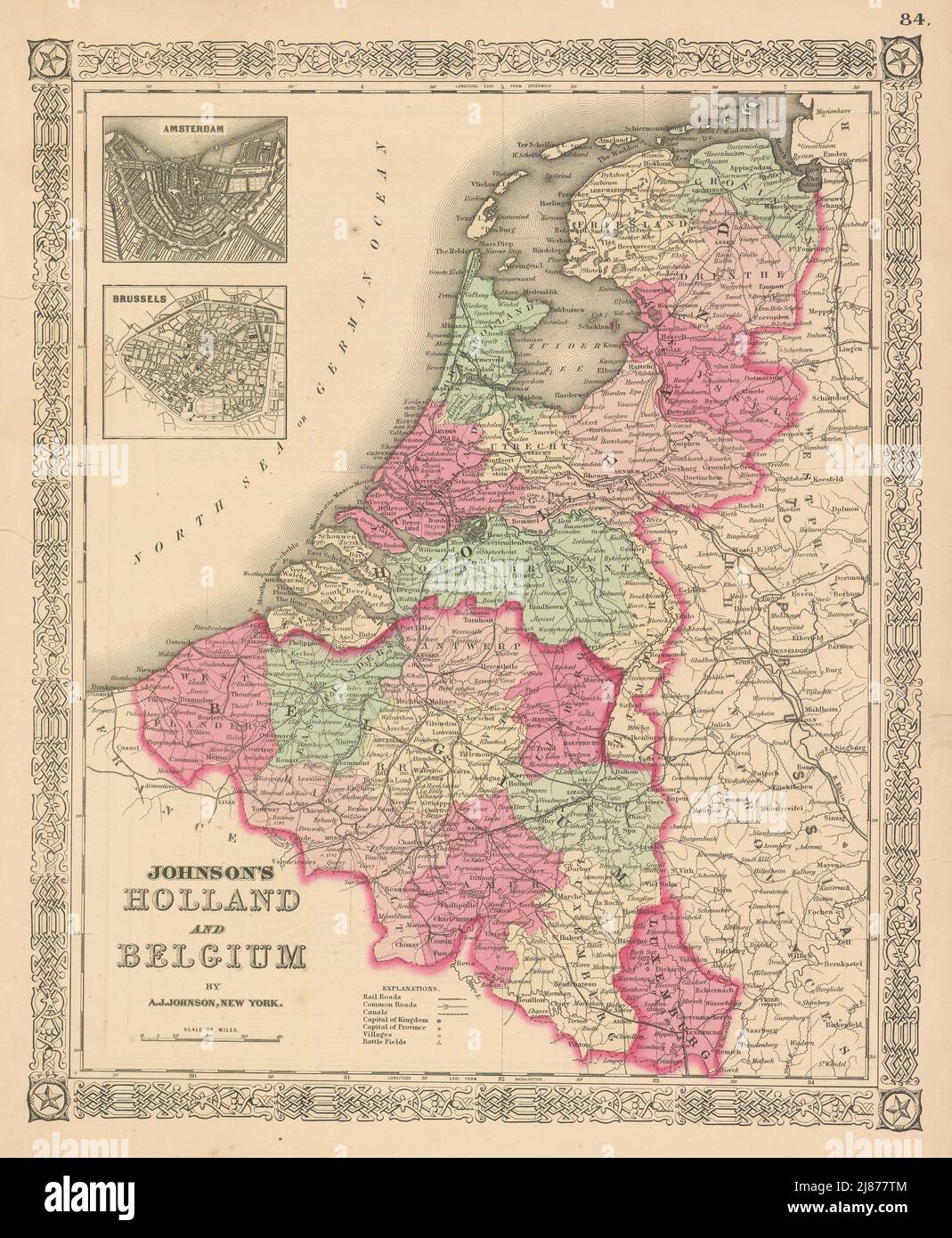 Johnson's Holland and Belgium. Benelux. Amsterdam & Brussels 1867 old map Stock Photo