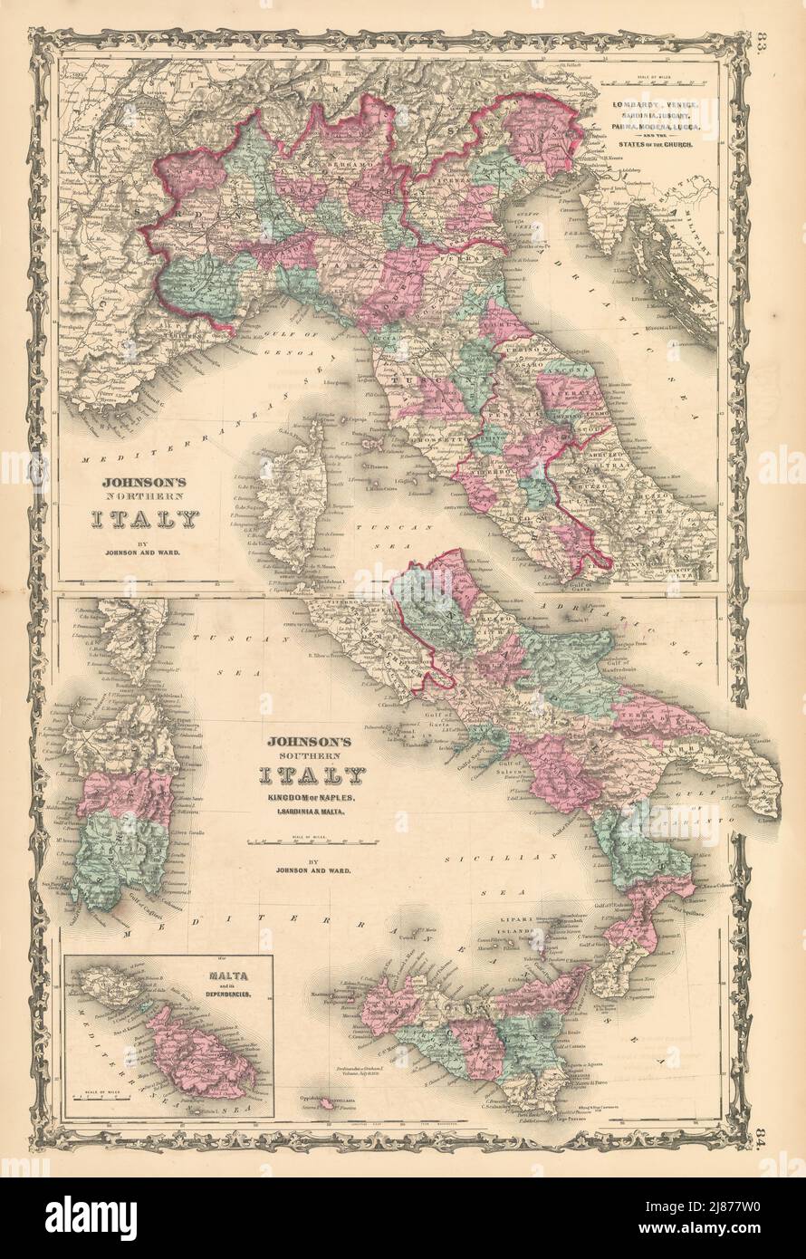 Johnson's Northern & Southern Italy. Malta. Unusual juxtaposition 1862 old map Stock Photo