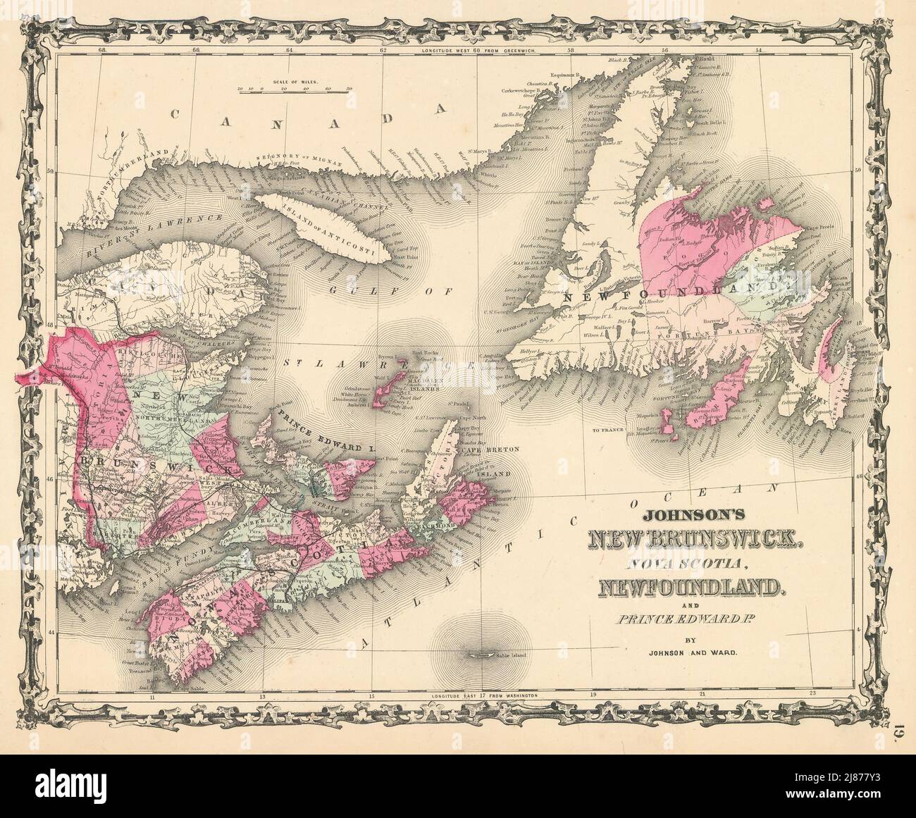 Johnson's New Brunswick, Nova Scotia, Newfoundland & Prince Edward Id. 1862 map Stock Photo