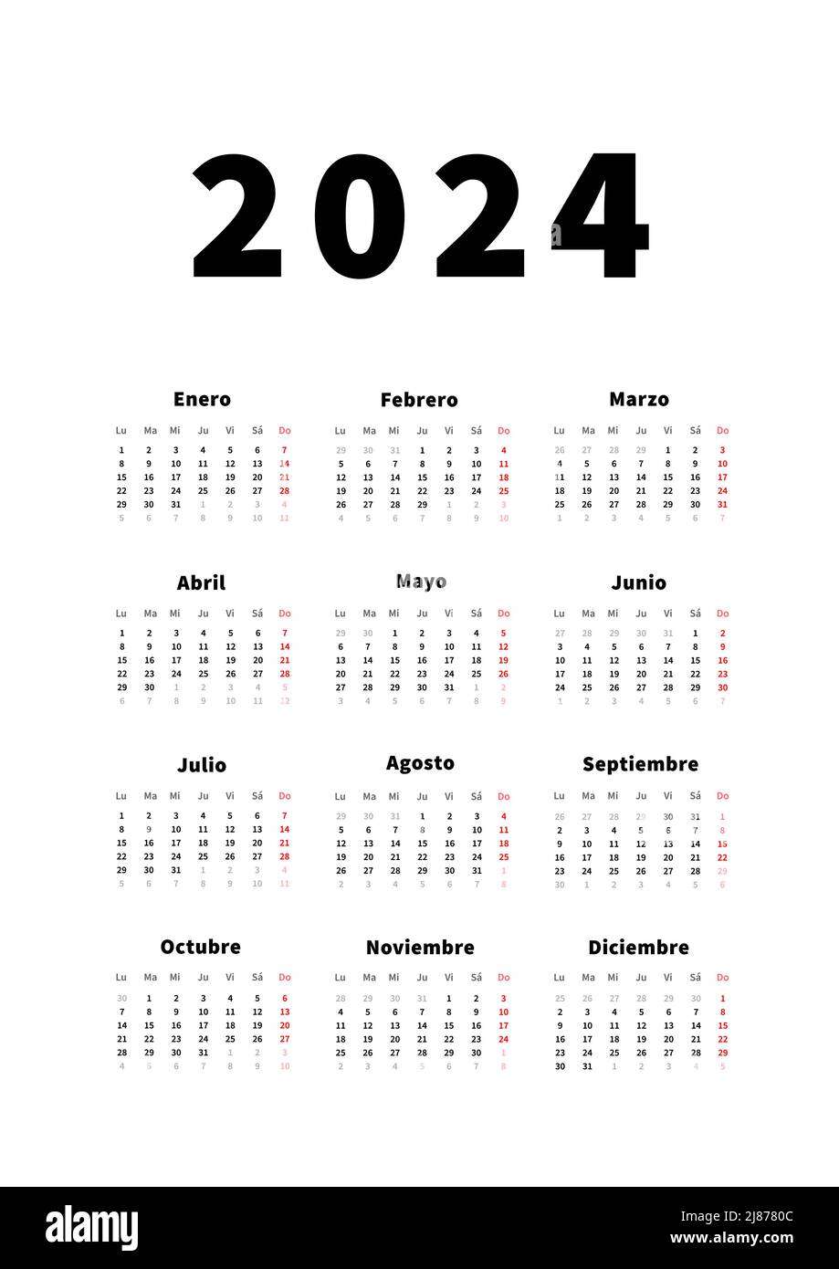 2024 Year Simple Vertical Calendar In Spanish Language Typographic 