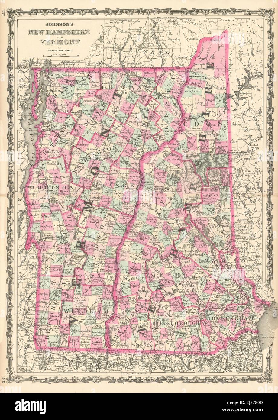 Johnson's New Hampshire & Vermont. US State map showing counties 1863 old Stock Photo