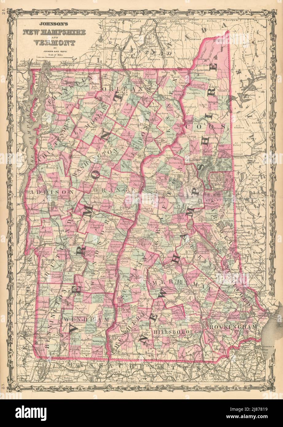 Johnson's New Hampshire & Vermont. US State map showing counties 1862 old Stock Photo