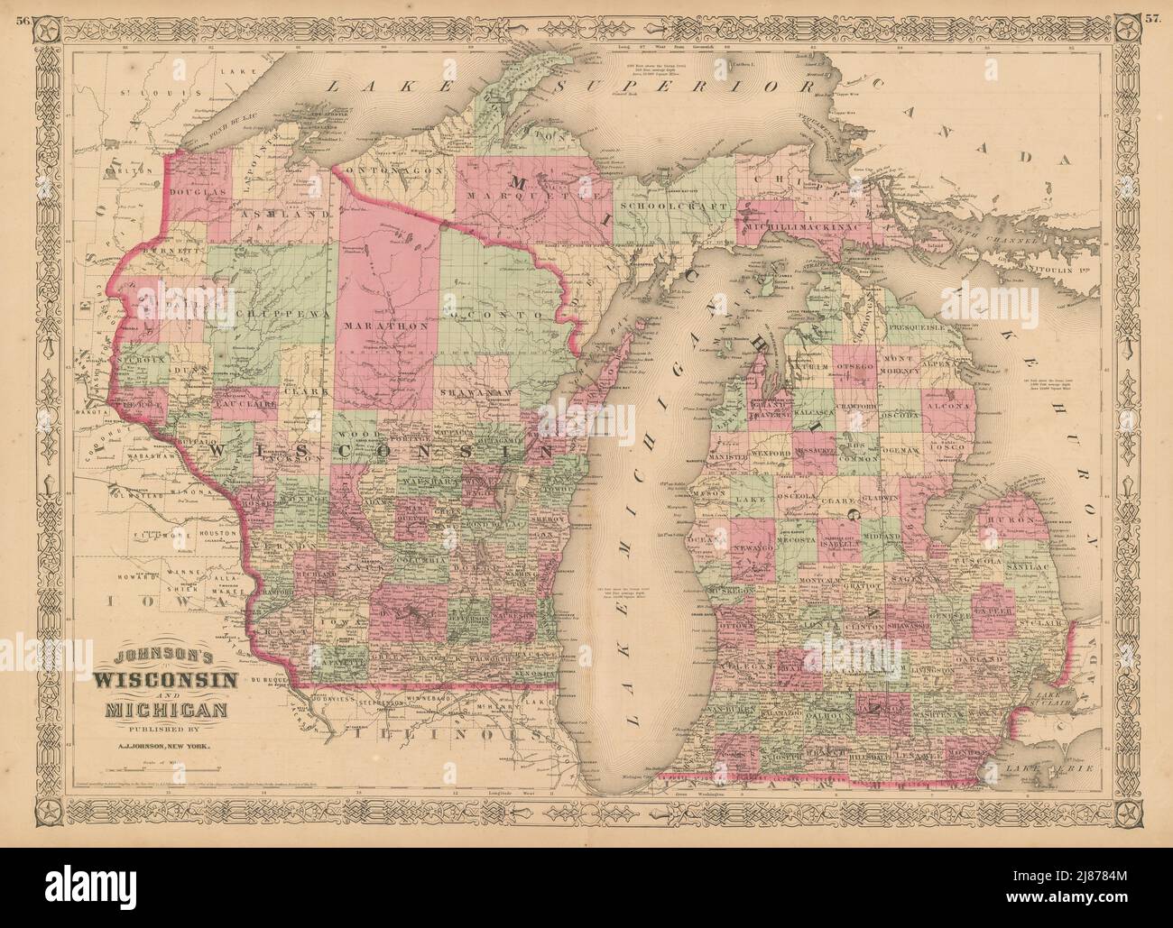 Johnson's Wisconsin & Michigan. State map showing counties. Great Lakes 1867 Stock Photo