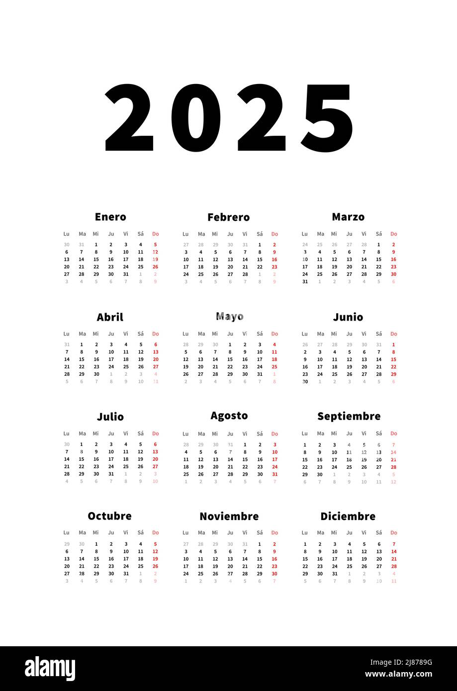 2025 year simple vertical calendar in spanish language, typographic calendar on white Stock