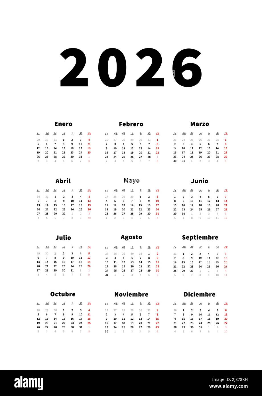 2026 year simple vertical calendar in spanish language, typographic
