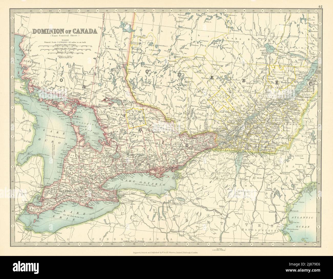 QUEBEC & ONTARIO. Lake Huron Lake Erie Lake Ontario. Canada. JOHNSTON 1911 map Stock Photo