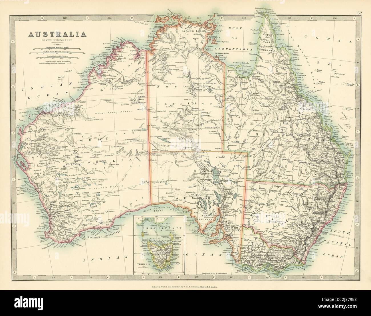 AUSTRALIA Showing explorers' routes with dates Railways JOHNSTON 1897 old map Stock Photo