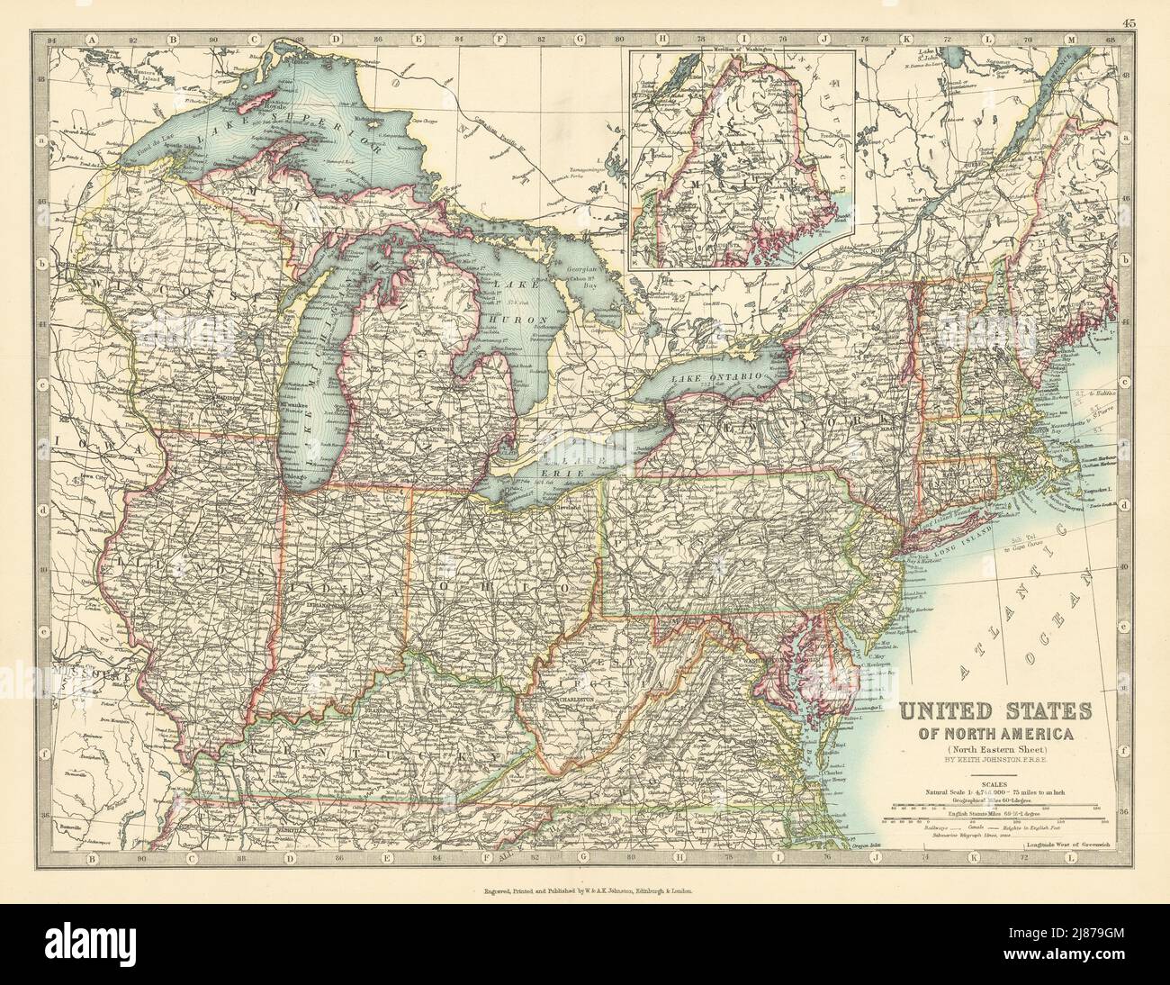 USA NORTH EAST New England Mid West Mid Atlantic JOHNSTON 1897 old antique map Stock Photo