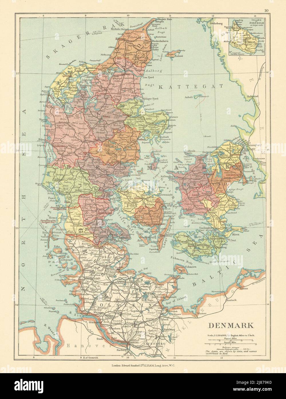Denmark in counties / amter. Railways. STANFORD c1925 old vintage map ...