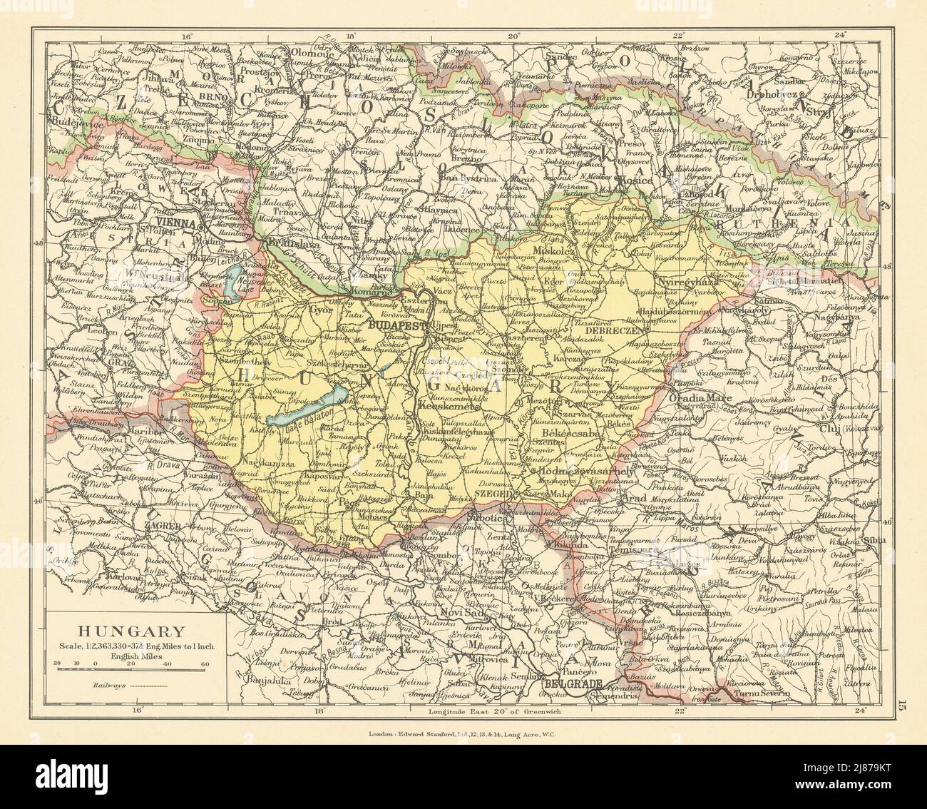 Hungary. Czechoslovakia Romania Yugoslavia Austria. STANFORD c1925 old map Stock Photo