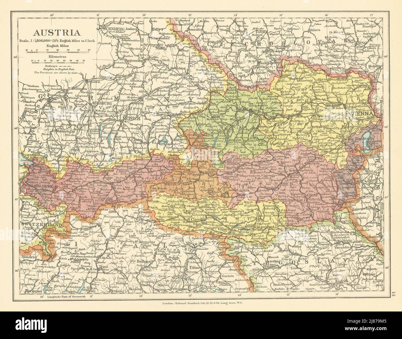 Austria in Länder/ states. STANFORD c1925 old vintage map plan chart Stock Photo