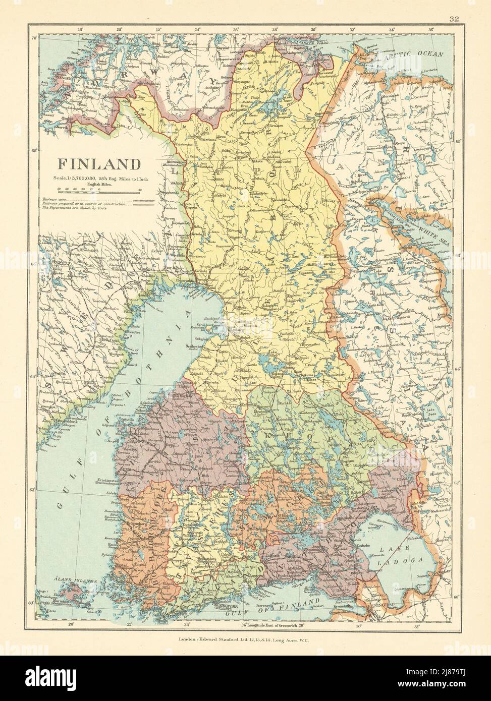 Finland. Pre WW2 borders with Russia. Gulf of Bothnia. STANFORD c1925 old map Stock Photo