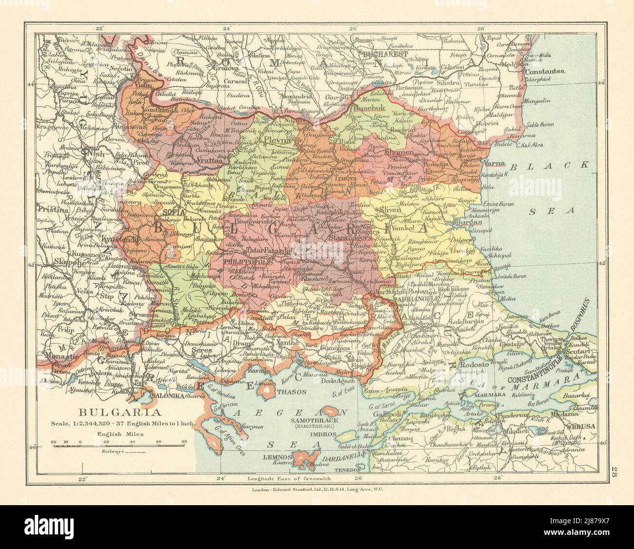 Bulgaria in Provinces. Thrace. European Turkey. STANFORD c1925 old vintage map Stock Photo
