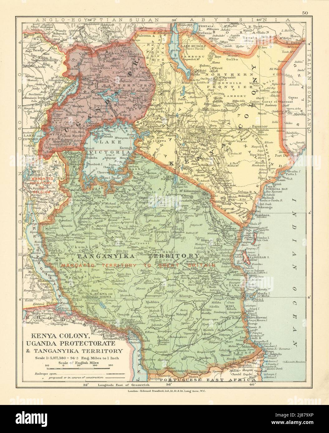 Kenya Colony Uganda Protectorate Tanganyika Terr. Tanzania STANFORD c1925 map Stock Photo
