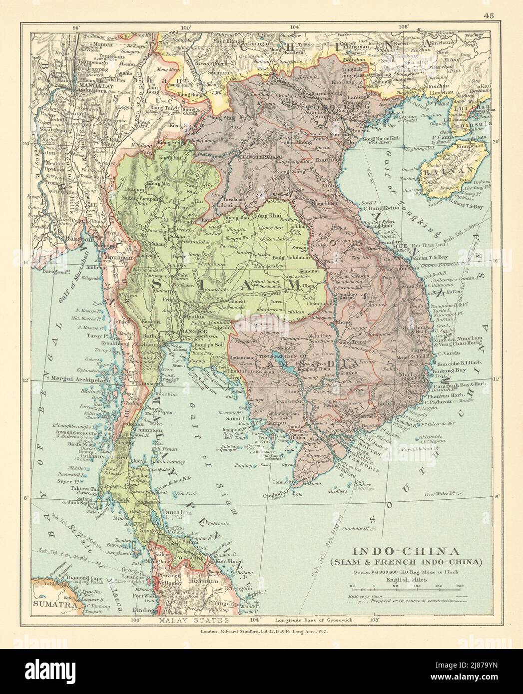 Siam French Indo-China. Vietnam Thailand Burma Cambodia Laos STANFORD c1925 map Stock Photo