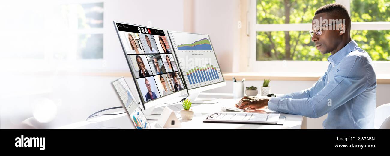 Online Virtual Learning Conference Meeting On Computer Stock Photo