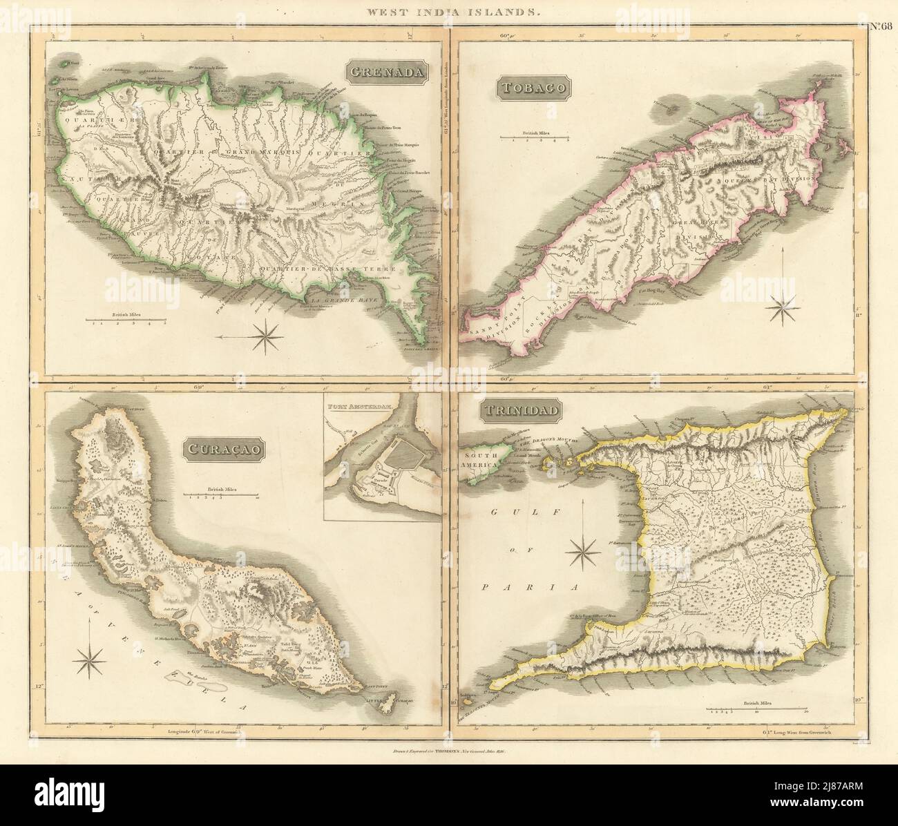 Grenada, Tobago, Trinidad & Curaçao. West Indies Caribbean. THOMSON 1817 map Stock Photo