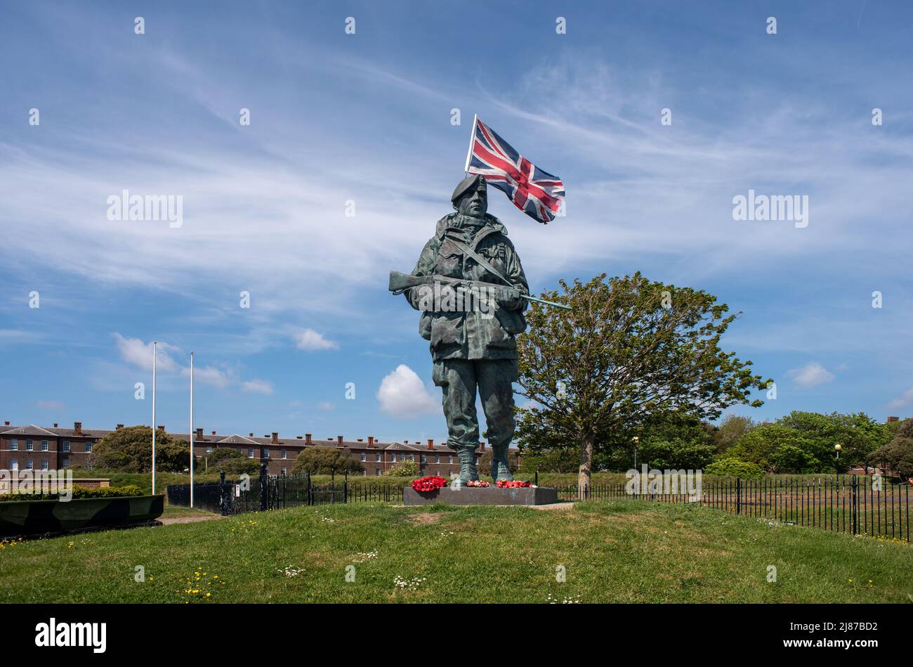 Yomper statue in front of the entrance to the former Royal Marines