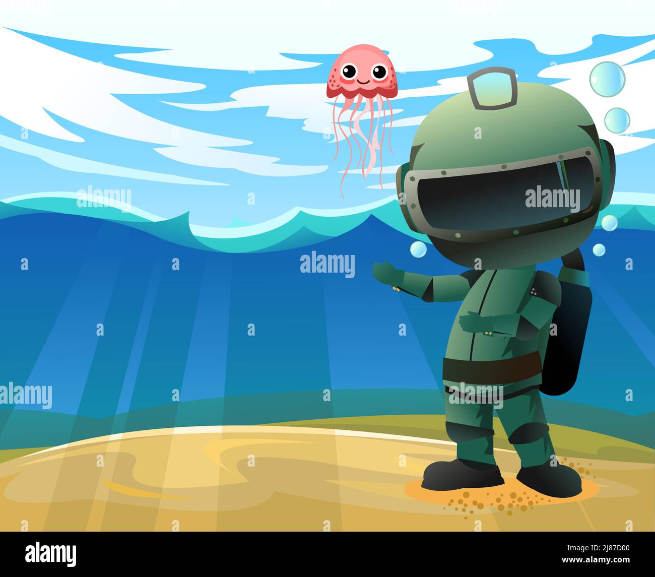 Diver in retro scuba gear with a jellyfish invites. Guy in underwater suit bottom of pond. Funny cartoon style. Extreme sports. Person in lake or sea. Stock Vector