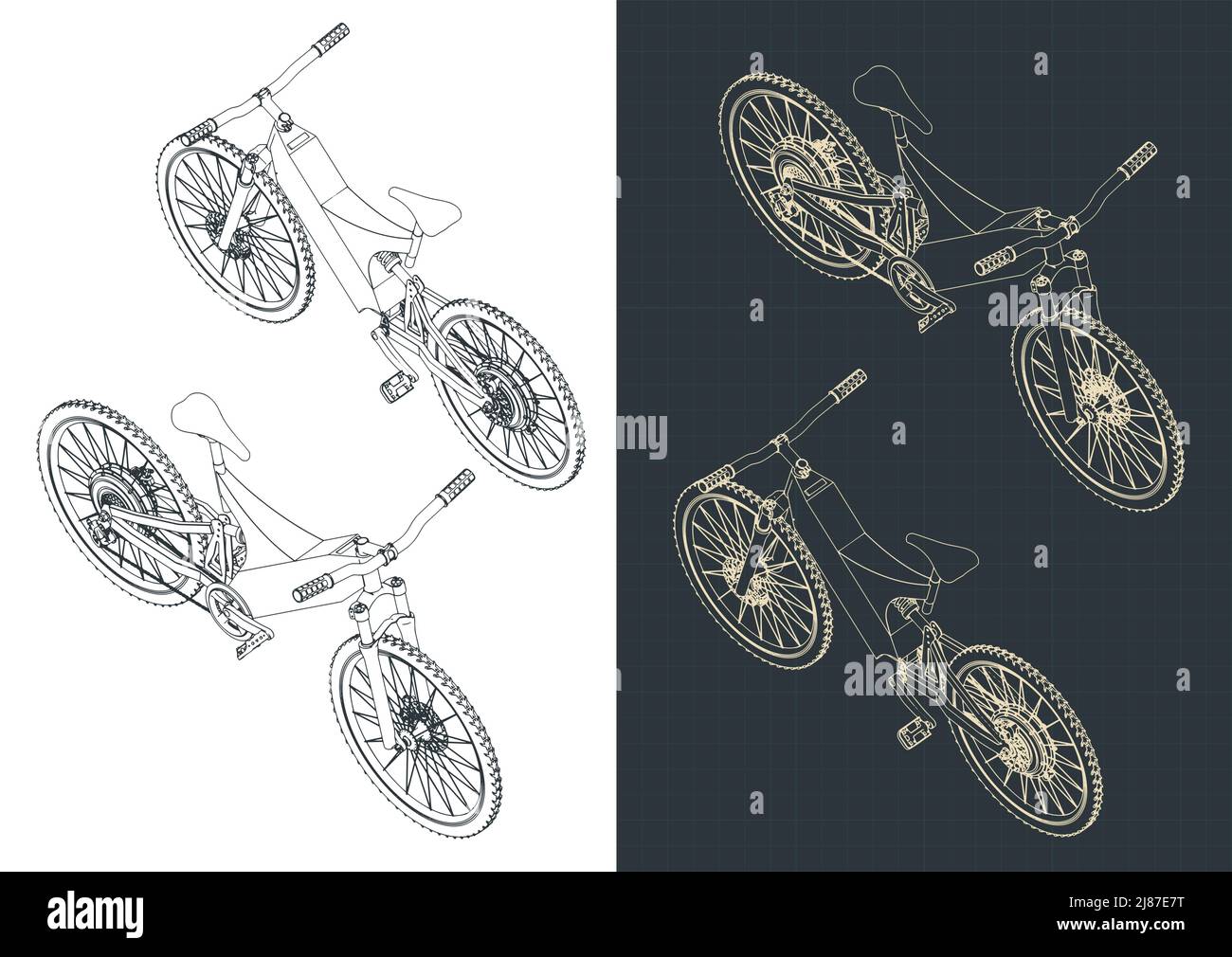 Stylized vector illustration of isometric blueprints of electric bike Stock Vector