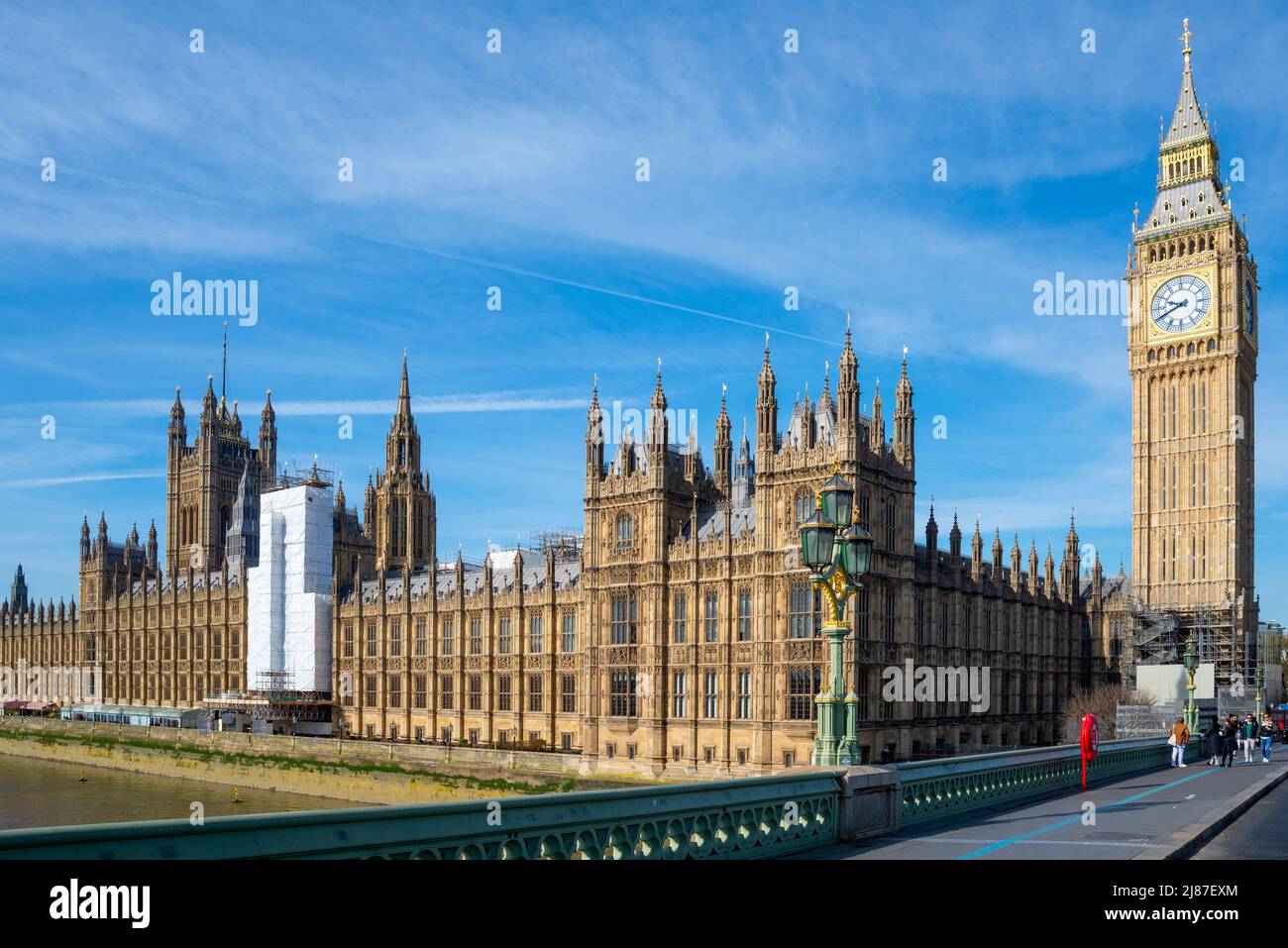 Restored Elizabeth Tower, Big Ben of Palace of Westminster recently uncovered with the last of the scaffolding remaining. Houses of Parliament, London Stock Photo