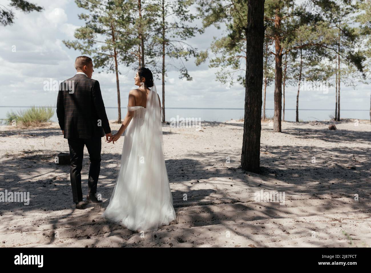 Bride groom walking in pine hi-res stock photography and images - Alamy