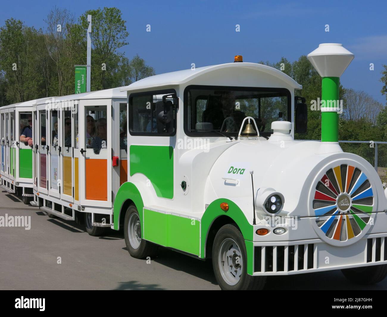 Floriade Explorer: the brightly coloured hop-on hop-off land train that transports visitors across the park of the 2022 flower festival, Almere. Stock Photo