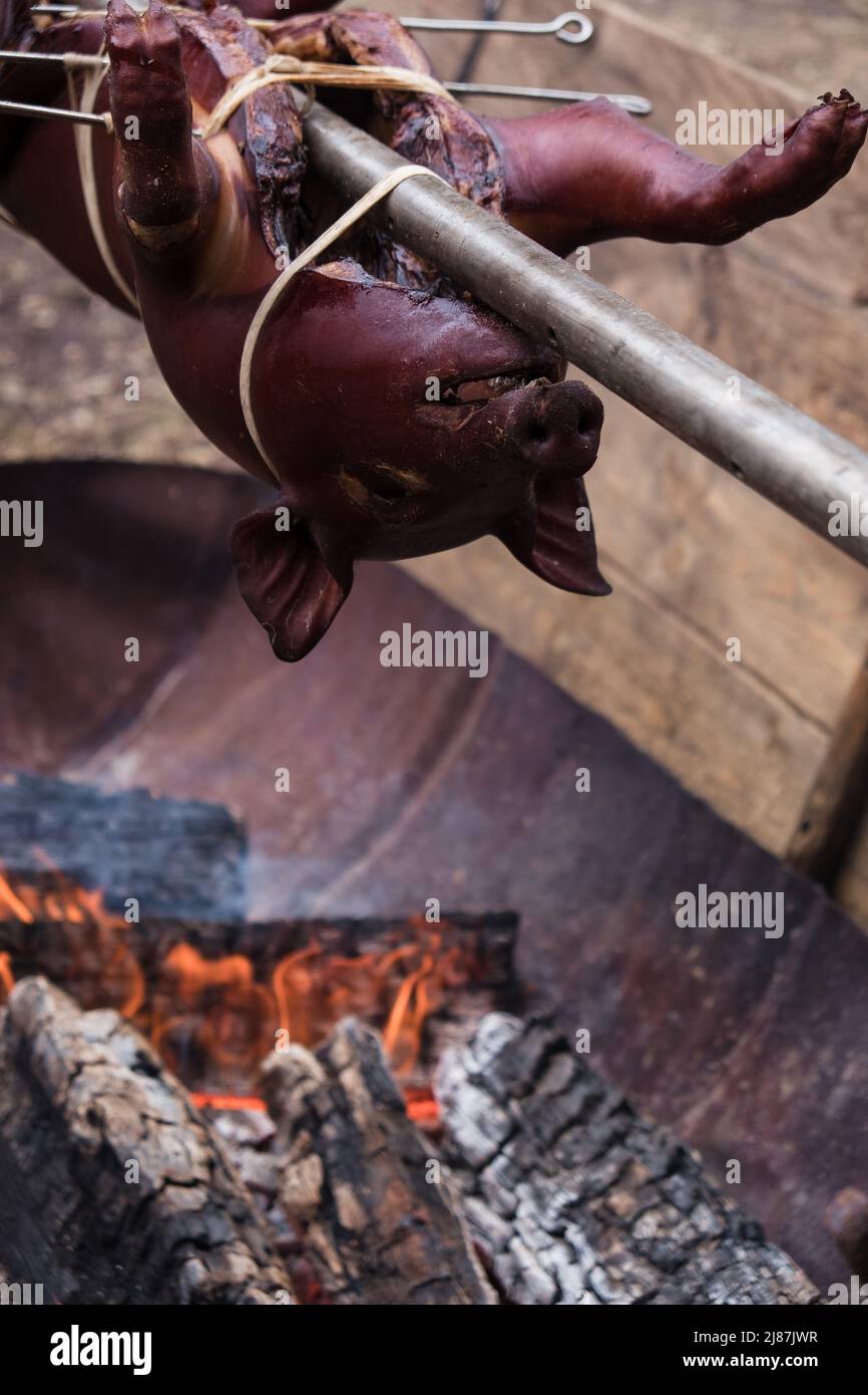 Piglet on grill, roasting pork. Cooking a whole small pig on fire Stock Photo