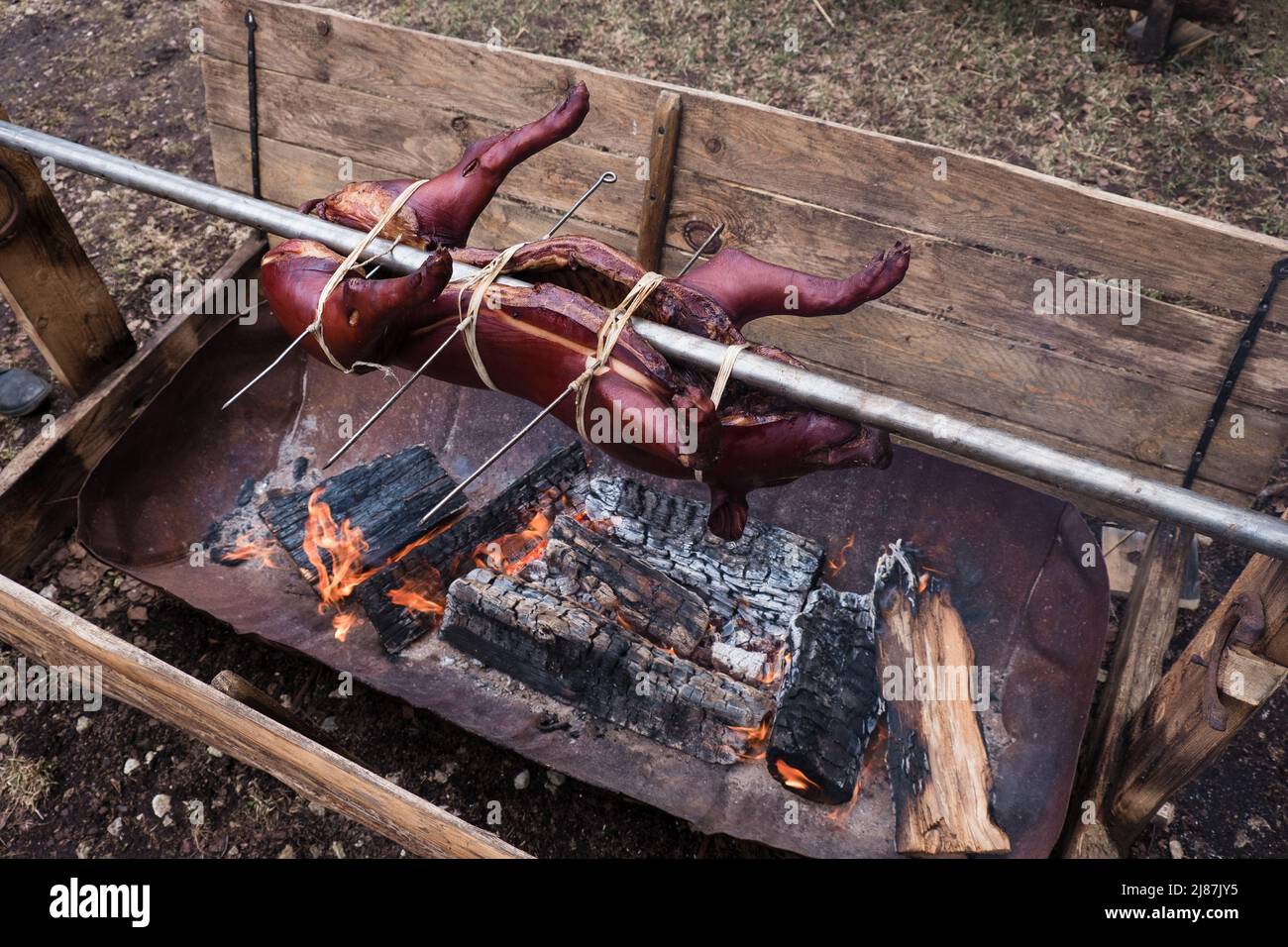 Piglet on grill, roasting pork. Cooking a whole small pig on fire Stock Photo