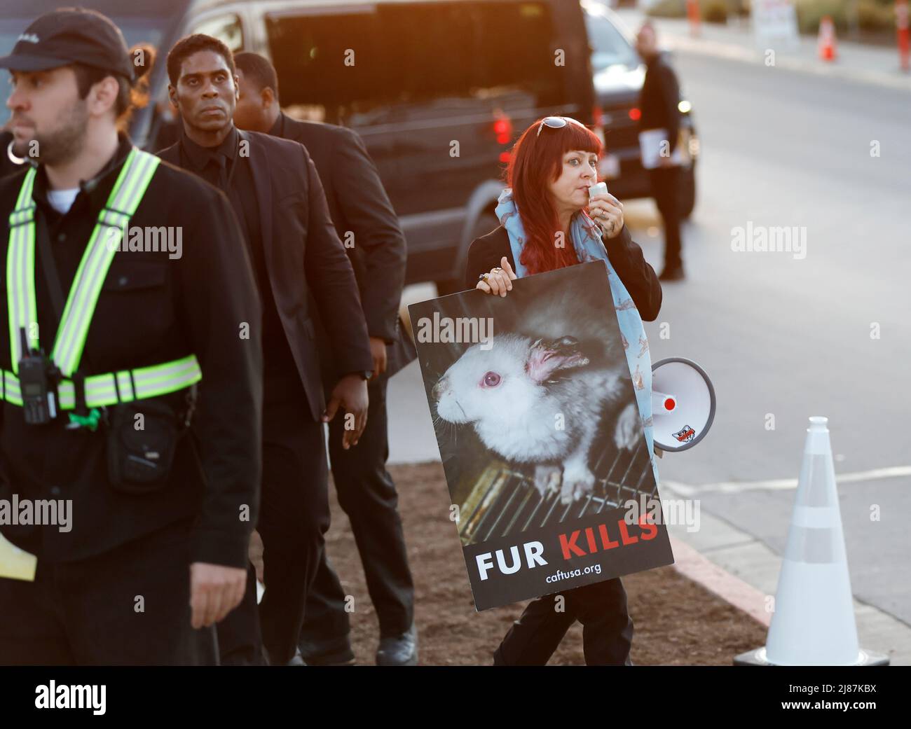 San Diego, California, USA. 12th May, 2022. Animal rights activists protest outside Louis Vuitton's 2023 Cruise Show at the Salk Institute for Biological Studies. (Credit Image: © K.C. Alfred/ZUMA Press Wire) Stock Photo