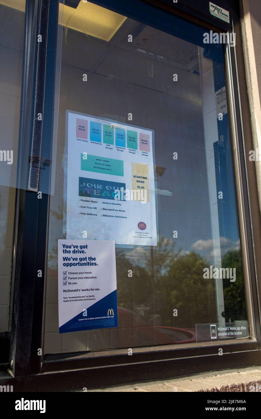 Columbia County, Ga USA 08 20 21 Hiring signage in a McDonalds drive