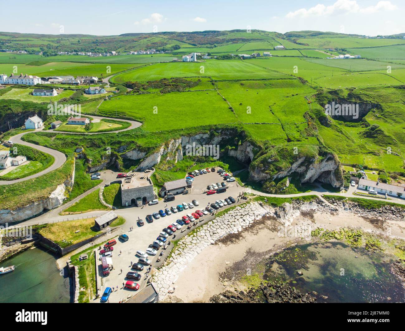 Aerial view of small village of Ballintoy, located along the Causeway