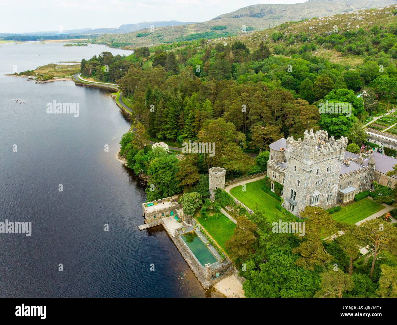Aerial view of Glenveagh Castle, a large castellated mansion located in Glenveagh National Park