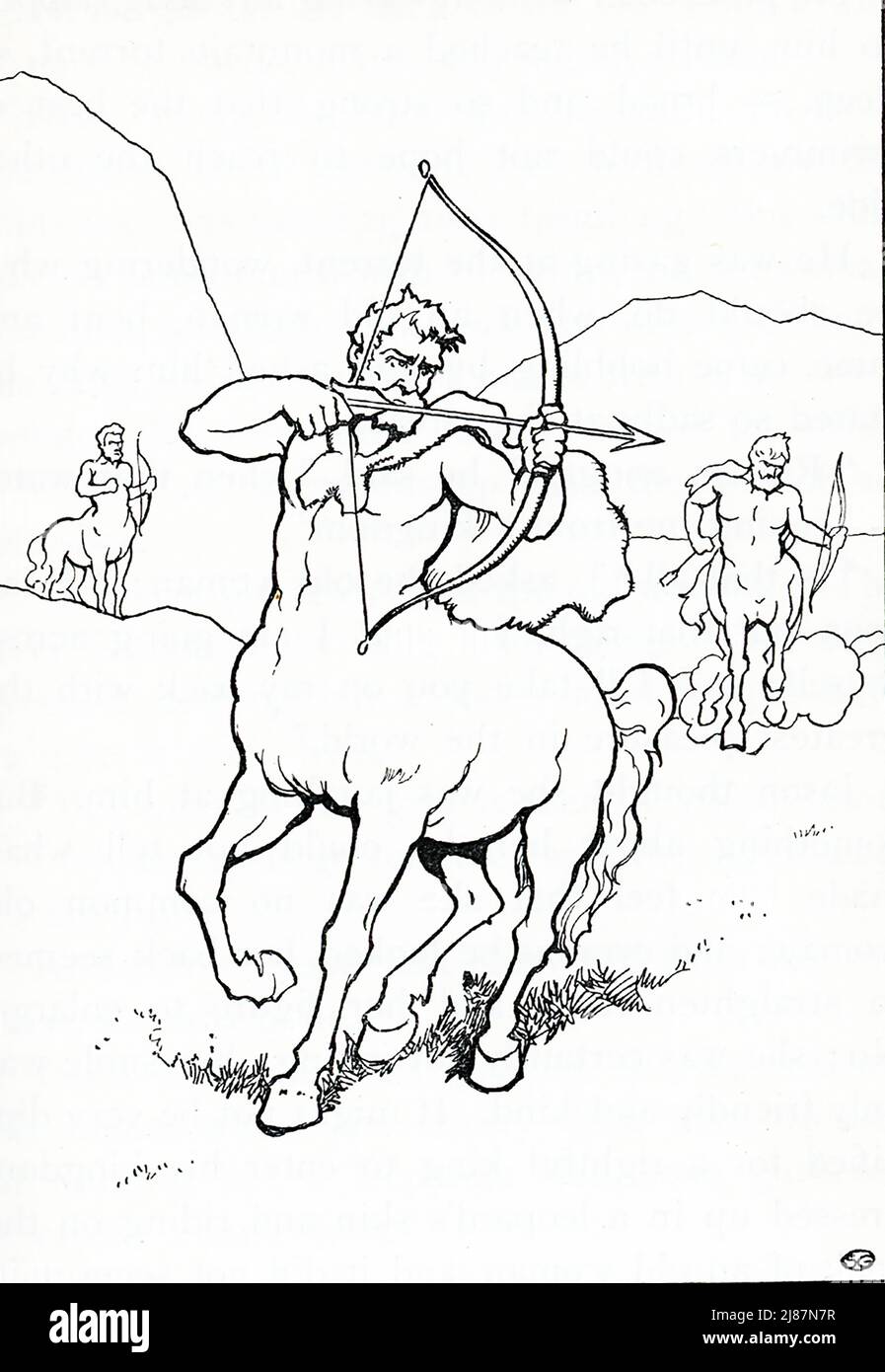 Pictured in this 1915 image is a Centaur. In Greek mythology, the Centaurs were creatures who were half-man and half-horse. Chiron was considered the oldest and wisest Centaur. He was said to have tutored young Jason. Chiron was the son of Cronos. Stock Photo