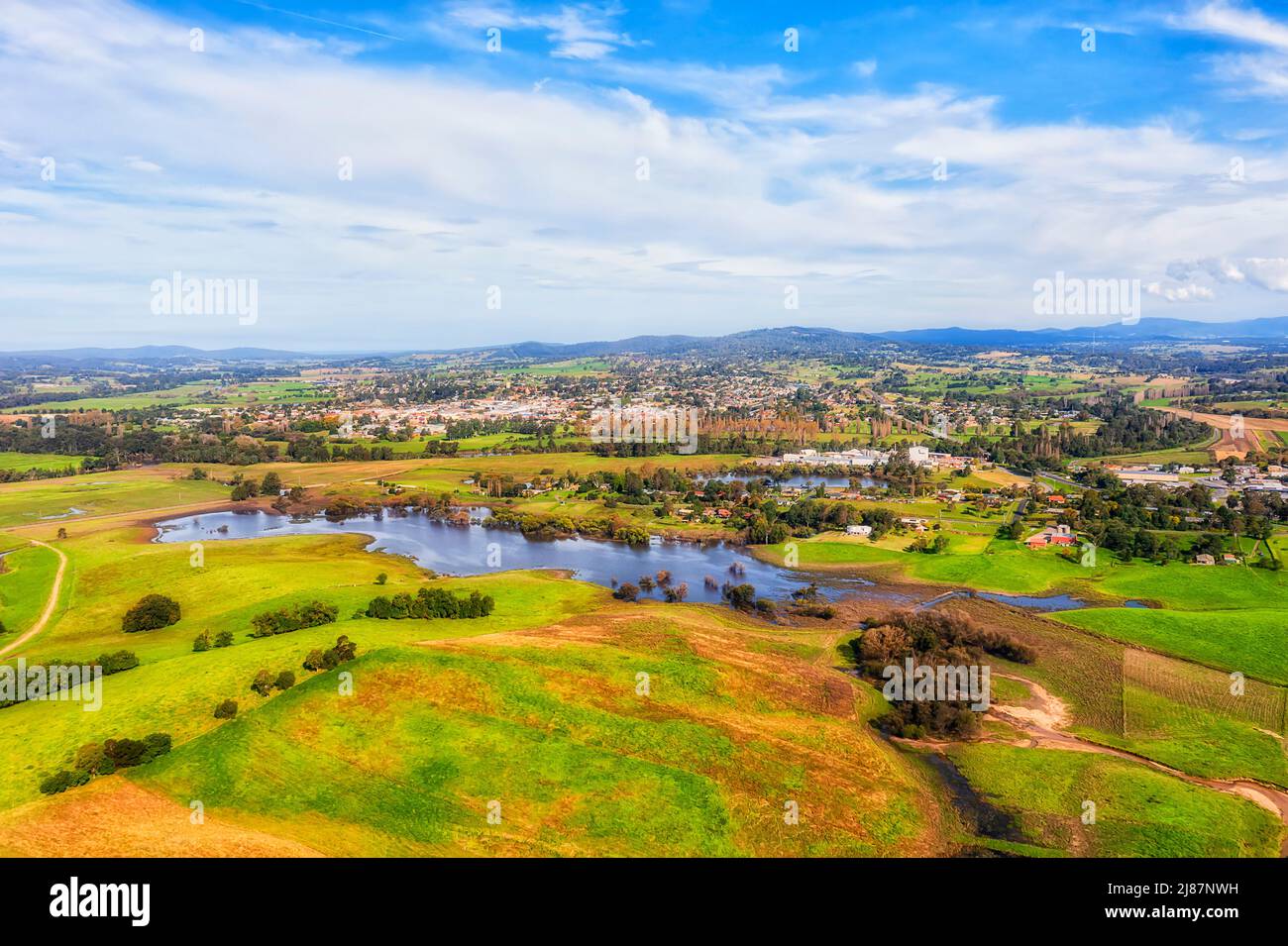 Scenic rural agriculture town Bega in dairy milk farm countryside of