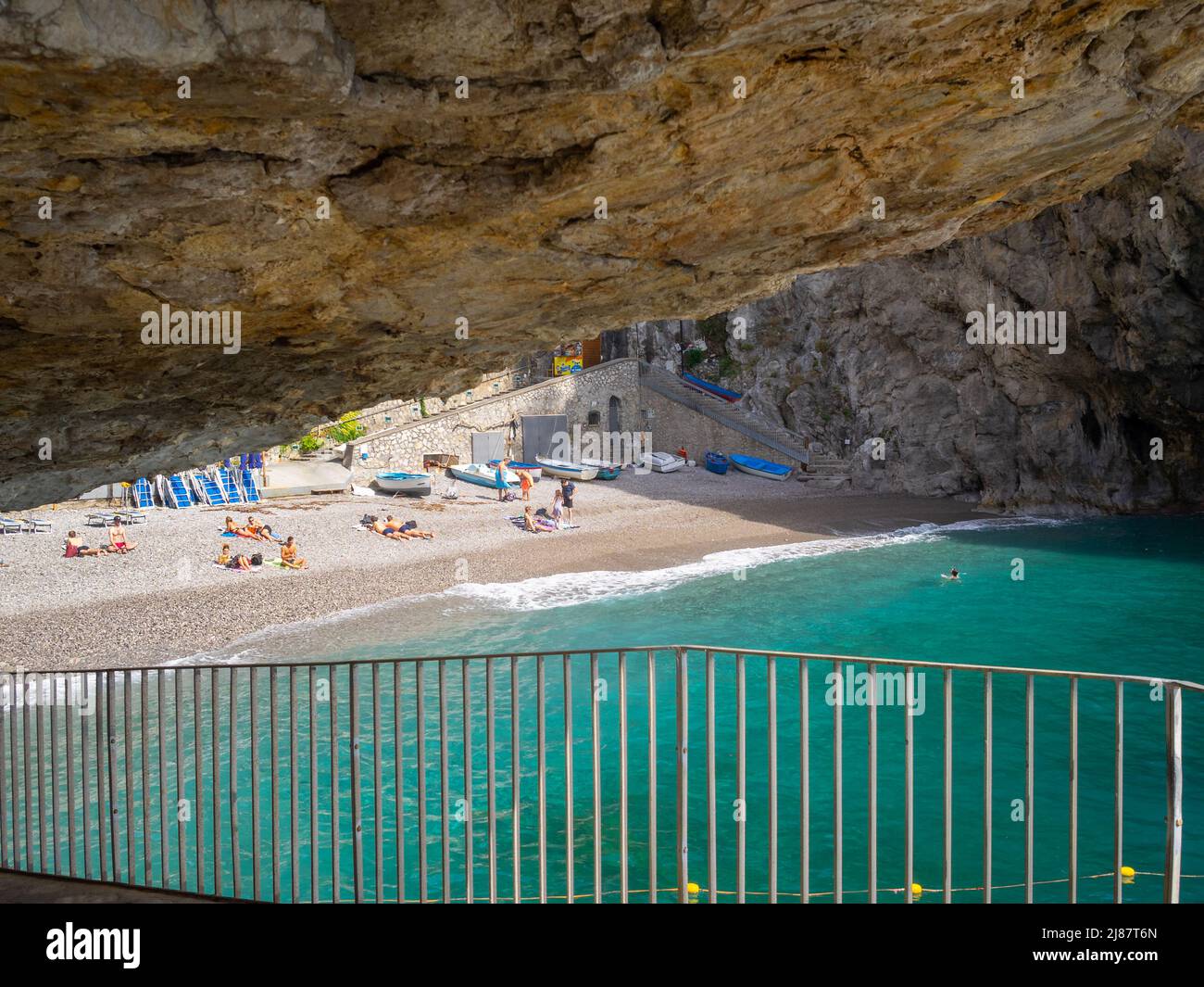 Marina di Praia beach seen below the rocks passage way, Amalfi Coast Stock Photo