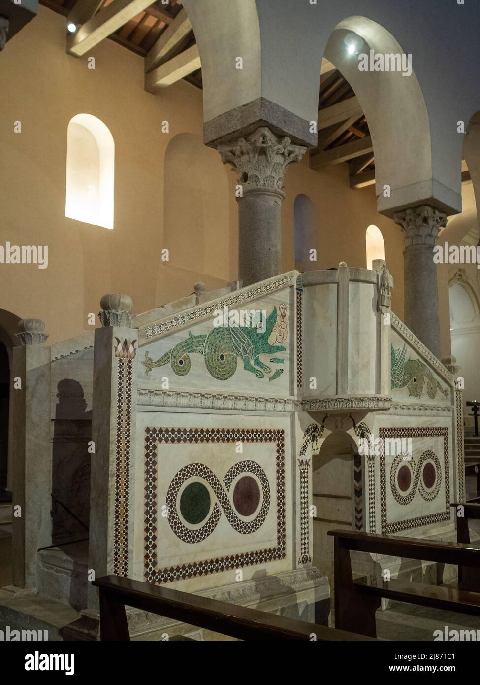 Ravello Cathedral Ambo of the Epistles with mosaics of Jonah and the Whale Stock Photo