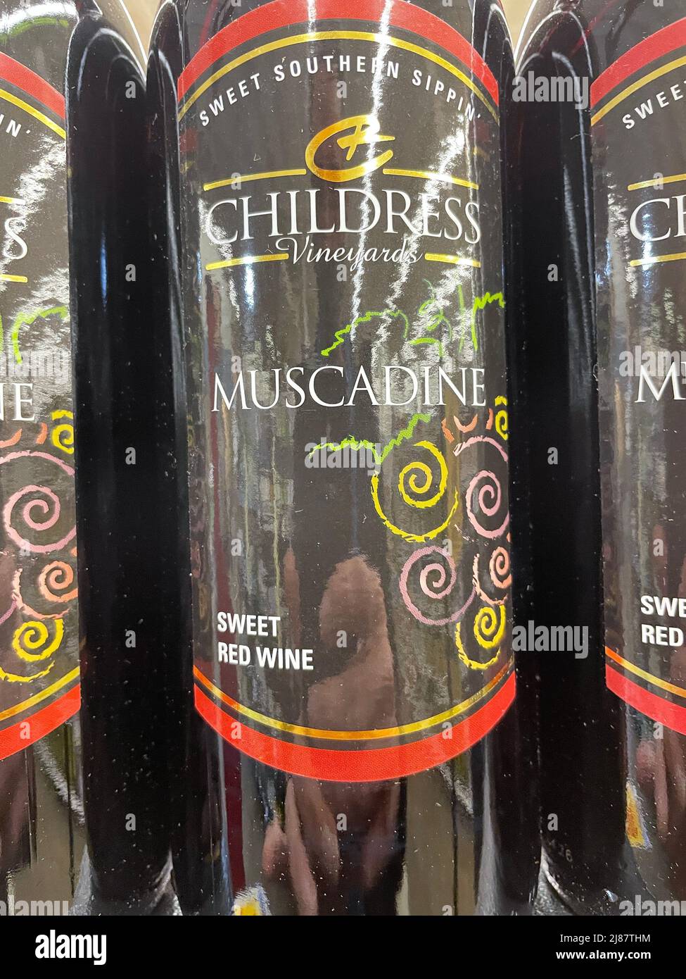 Grovetown, Ga USA - 12 15 21: Wine on a retail store shelf Childress Muscadine sweet red Stock Photo