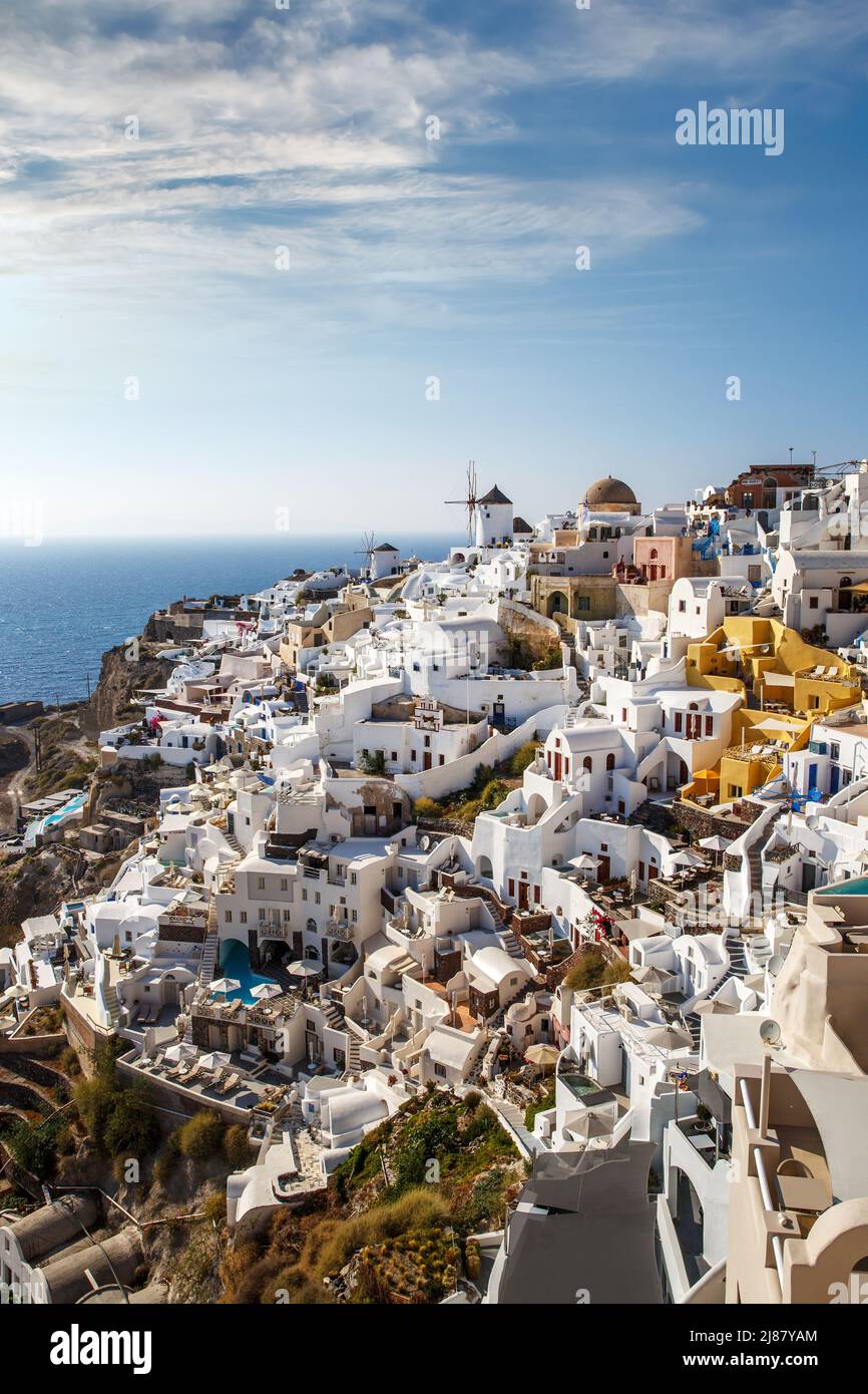 Santorini view. Oia village on sunset. White buildings architecture ...