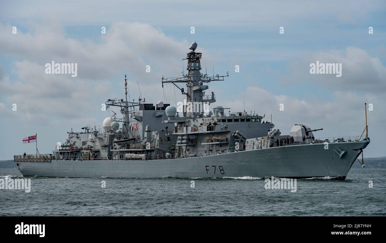 The Royal Navy Type 23 (Duke Class) frigate HMS Kent (F78) returned to Portsmouth, UK on the 13th May 2022 after a period of training. Stock Photo